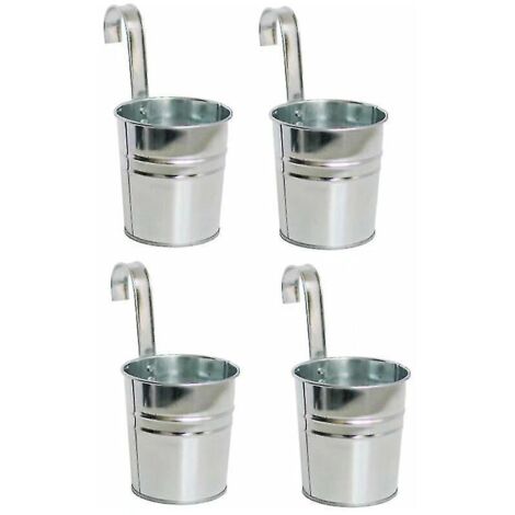 Lot de 4 pots de fleurs suspendus en métal, seau à fleurs suspendu de 10 cm avec crochet amovible pour balcon, clôture, jardin et décoration intérieure (argenté)
