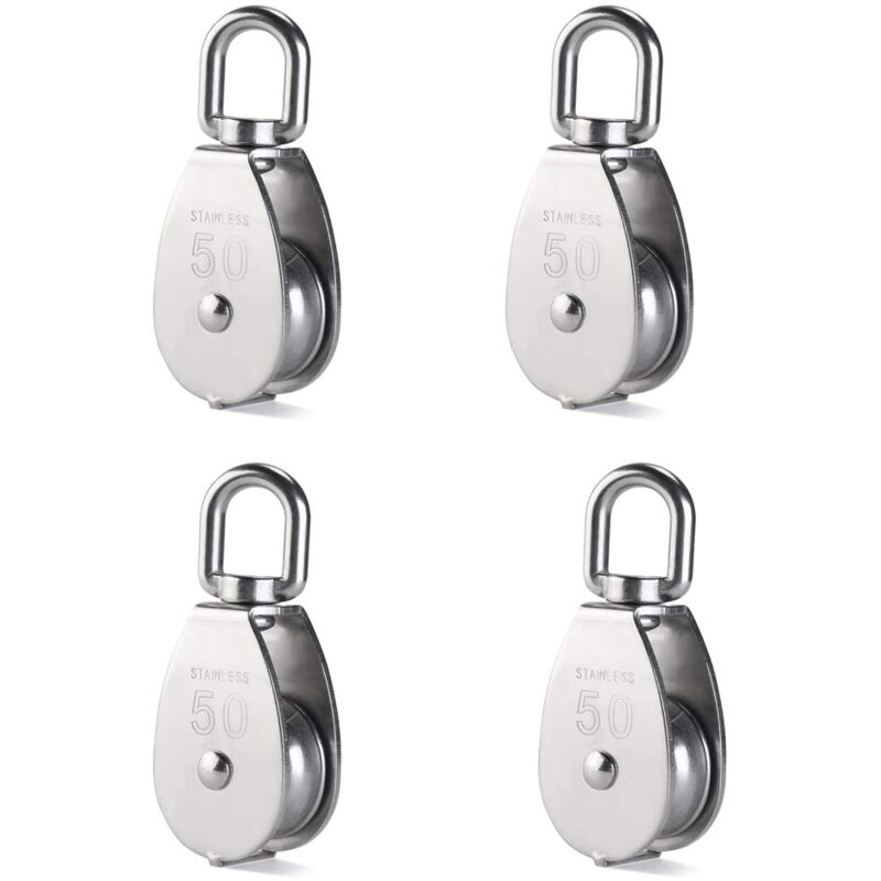 Lot de 4 poulies de levage m50 chargeant 400 kg, bloc de poulie de corde de levage pivotant en acier inoxydable 304 robuste
