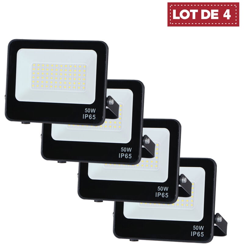 Lot de 4 - Projecteur Lampe 50W Noir 6500K Étanche IP65 5000lm Extra Plat