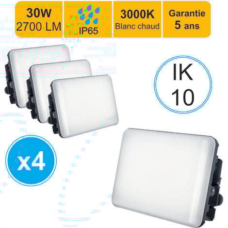Lot de 4 projecteurs LED 30W 2700LM/3000K/IP65/IK10 connexion en direct - garantie 5 ans