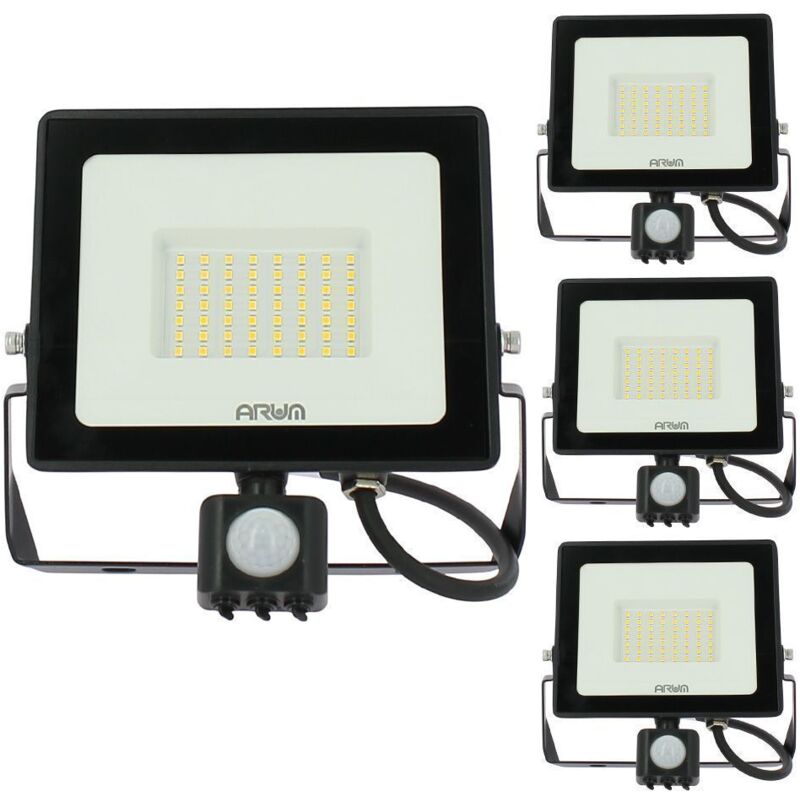 Arum Lighting – Lot de 4 projecteurs LED 50W noir avec détecteur de mouvement – IP44 extérieur – Lumière blanche froide 6000K – Angle d'éclairage 120°