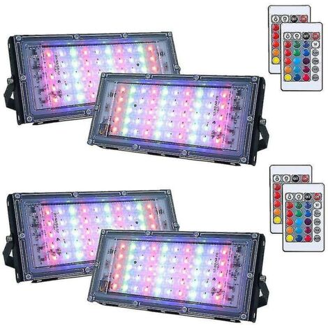Lot de 4 projecteurs LED RGB d'extérieur à intensité variable, étanches IP66 avec télécommande, 16 couleurs, 4 modes d'éclairage pour intérieur et extérieur (50 W) -