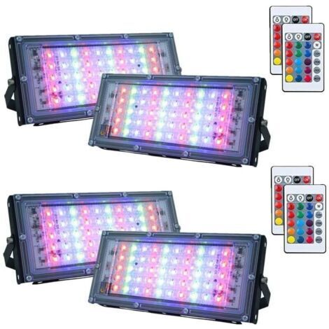 Lot de 4 projecteurs LED RVB à intensité variable pour extérieur, étanches IP66 avec télécommande, 16 couleurs, 4 modes d'éclairage pour extérieur, intérieur et extérieur (50 W)