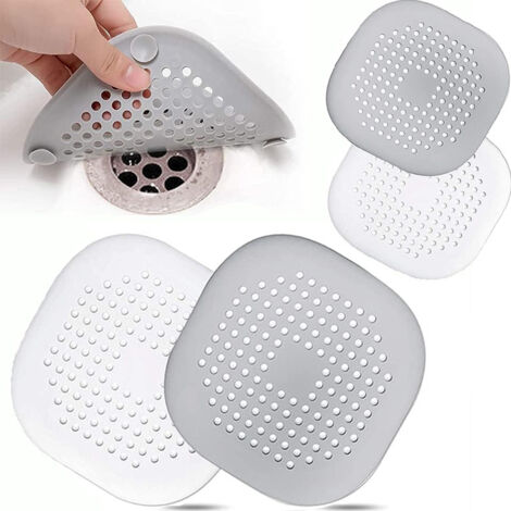 Lot de 4 protections de drain en silicone avec ventouse, pour évier de cuisine et de salle de bain (2 grises + 2 blanches)
