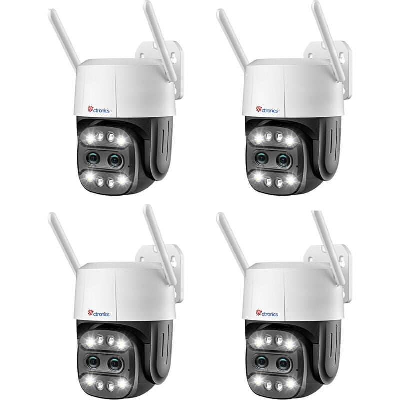 Lot de 4 PTZ Caméra Surveillance WiFi Ctronics avec 2 Objectif, Zoom Hybride 7X， Suivi Auto avec Zoom Auto, Détection Humaine, Vision Nocturne