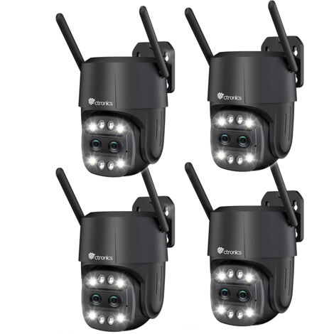 Lot de 4 PTZ Caméra Surveillance WiFi Ctronics avec 2 Objectif, Zoom Hybride 7X， Suivi Auto avec Zoom Auto, Détection Humaine, Vision Nocturne Couleur Noir