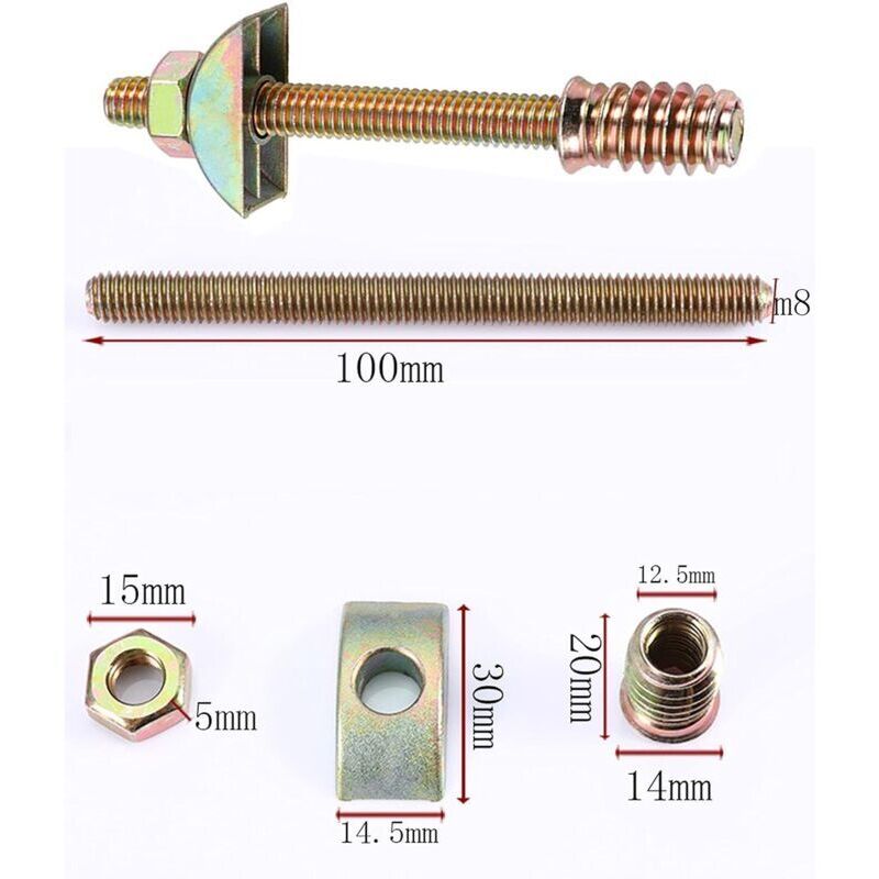 Lot de 4 raccords de meubles M8 x 100 mm 4 en 1, connecteurs de meubles en demi-lune, rondelles d'espacement pour assemblage de table, lit, boulons