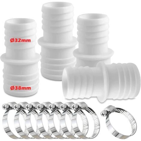Lot de 4 raccords pour Tuyau Piscine, Raccord de Tuyau avec Colliers de Serrage, Ø 32 mm vers 38 mm de diamètre avec 8 Colliers de Serrage, Adaptateur de Tuyau de Piscine, Adaptateurs de Tuyau(