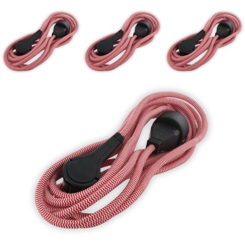 Lot de 4 rallonges textile fiche plate - 3m - prise terre - Blanc et Rouge Chacon