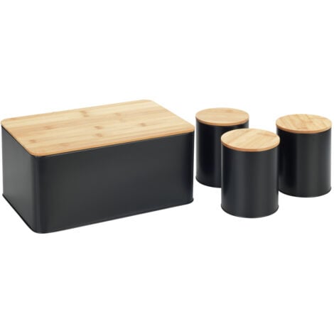 Lot de 4 rangements cuisine WENKO, boite à pain en métal avec couvercle planche à découper en bambou et 3 boites de conservation métallique avec couvercle en bambou, noir