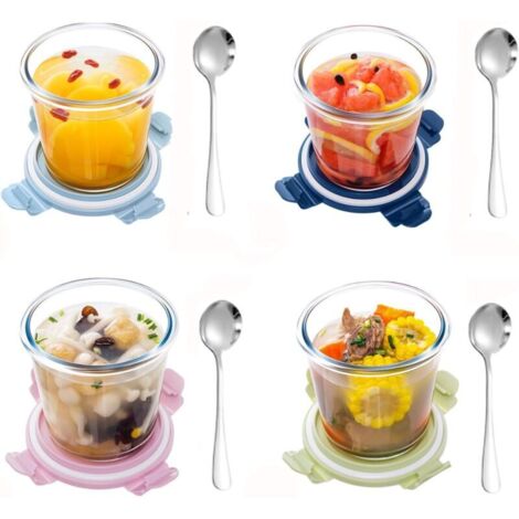 Lot de 4 récipients en verre de 800 ml avec couvercle, pour soupe en verre, avec couvercle, récipient à soupe de cuisine, bols en verre avec couvercles hermétiques, micro-ondes, sans BPA (4 ronds L