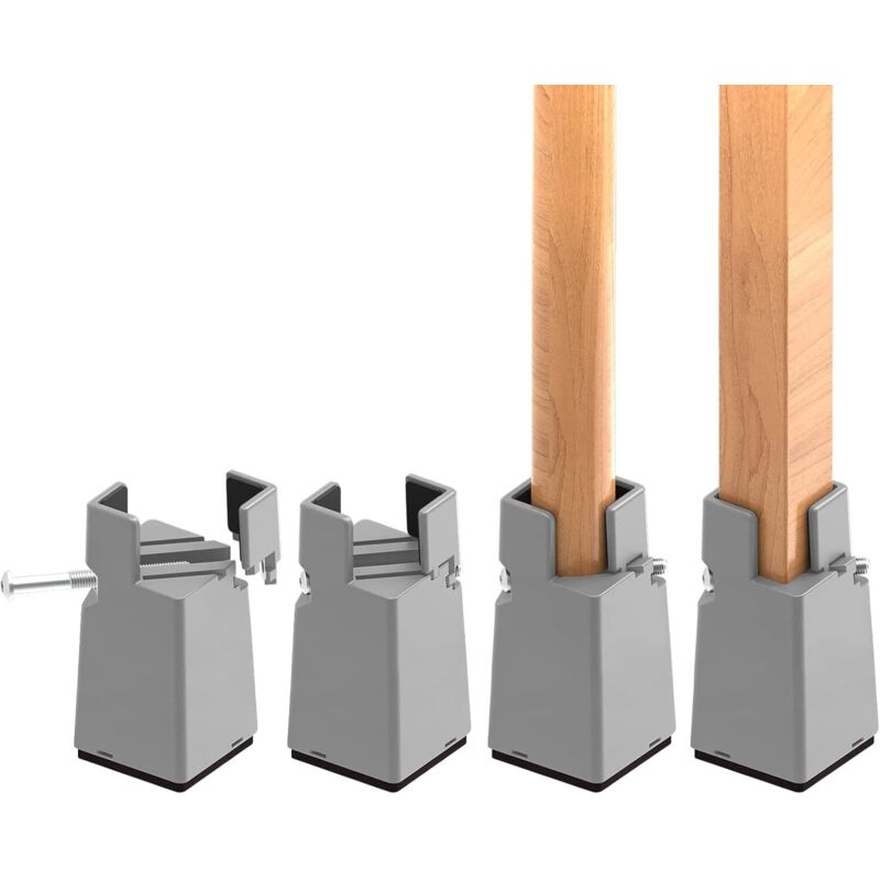 Lot de 4 Rehausseurs de Meubles Réglables 10 cm avec Pince à Vis, 4 Pouces Rehausseur Pieds de Lit, pour Pieds de Chaise de 0,8 à 1,6 Pouces, Gris