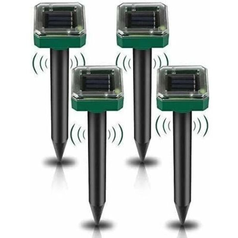 Lot de 4 piquets répulsifs à taupes solaires - Répulsif à taupes à ultrasons - Élimination des taupes à énergie solaire pour taupes, serpents,