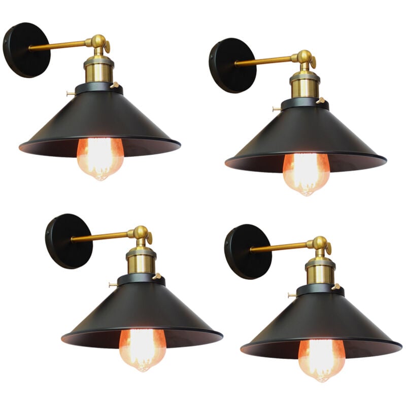 Lot de 4 Rétro Applique Murale Industrielle E27 22cm Plafonnier Luminaire Fer Abat-jour en Métal Noir
