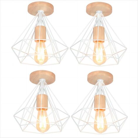 Lot de 4 Rétro Plafonnier Industrielle E27 25cm Lampe Plafonnier en Métal et Bois Blanc