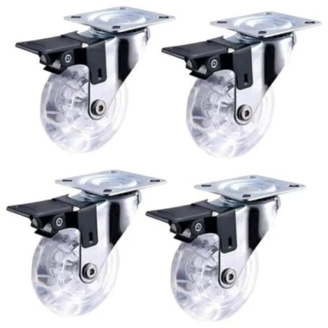 Lot de 4 roues transparentes à frein pour meuble canapé, 2 roues plates freinées pour armoire fauteuil.