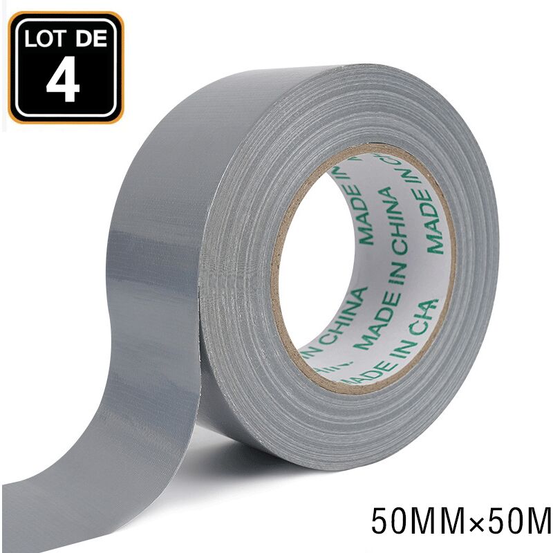 Lot de 4 rouleaux de ruban adhésif blindé argenté – 50 mm x 50 m – Adhésif puissant – Ruban pour tapis imperméable et coupe-vent Couleur : gris