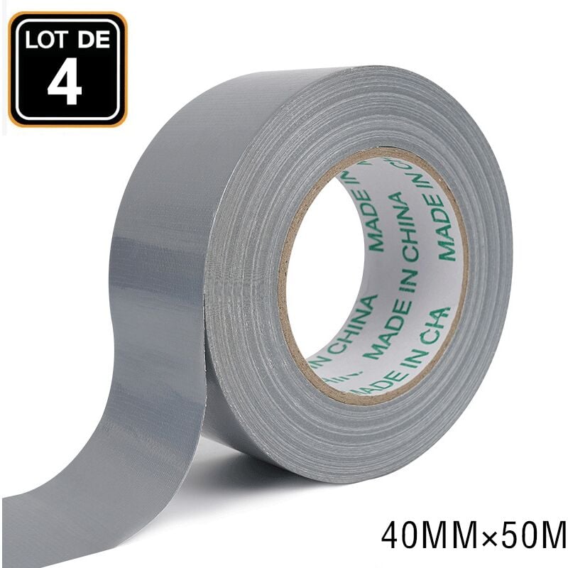 Lot de 4 rouleaux de ruban adhésif blindé argenté – 40 mm x 50 m – Adhésif puissant – Ruban pour tapis imperméable et coupe-vent Couleur : gris