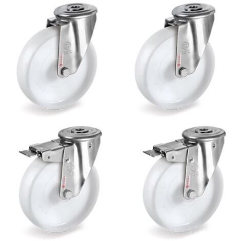 Lot de 4 roulettes à Oeil INOX pivotantes et pivotantes à frein plastique blanc 80 mm - 300 Kg