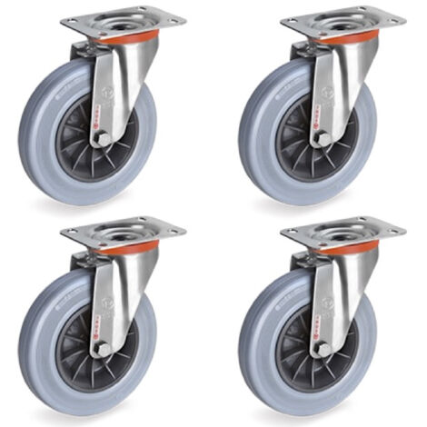 Lot de 4 roulettes INOX pivotantes caoutchouc non tachant 100 mm - 210Kg
