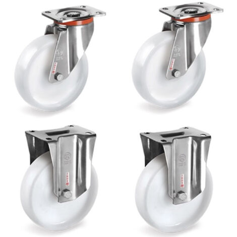Lot de 4 roulettes INOX pivotantes et fixes plastique blanc 100 mm - 600 Kg