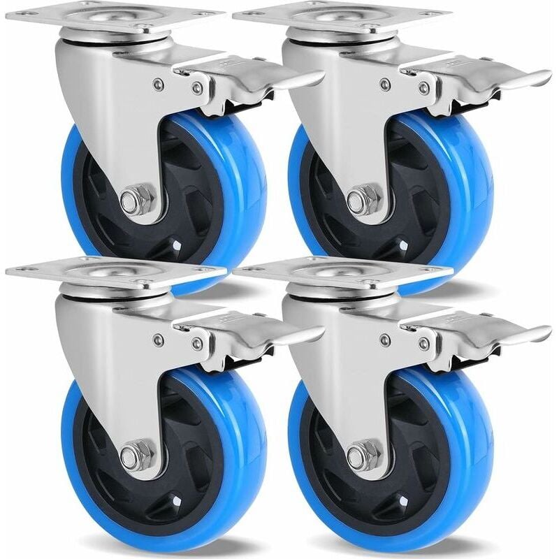 Ikodm - Lot de 4 Roulettes Pivotantes - 100mm pour Meubles - Jusqu'à 600KG - Charge Lourde avec Frein - Rotation à 360° - Caoutchouc - Sans Traces au