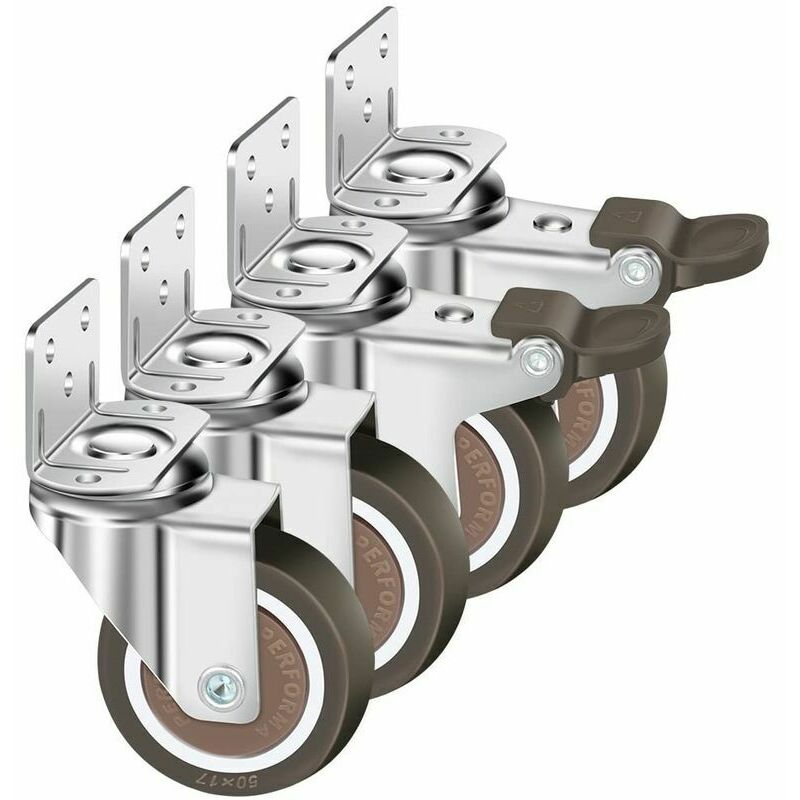Lucky-88 - Lot De 4 Roulettes Pivotantes 50Mm, 100Kg Roulettes Pour Meubles, Type l Roue Pour Meuble Avec Frein Rotation à 360°, Pour Intérieur Et