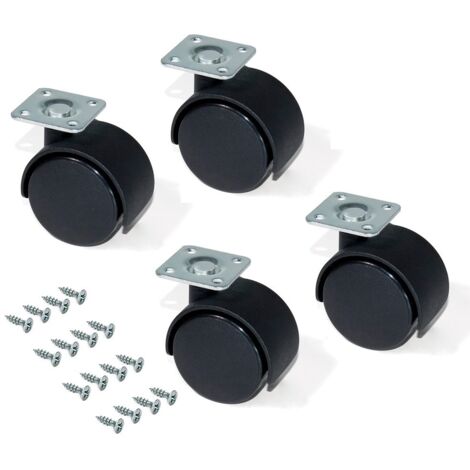 Lot de 4 Roulettes pivotantes à platine sans frein Ø 30 mm avec plaque de fixation/roulement à billes Noir