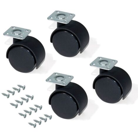 Lot de 4 Roulettes pivotantes à platine sans frein Ø 30 mm avec plaque de fixation/roulement à billes Noir