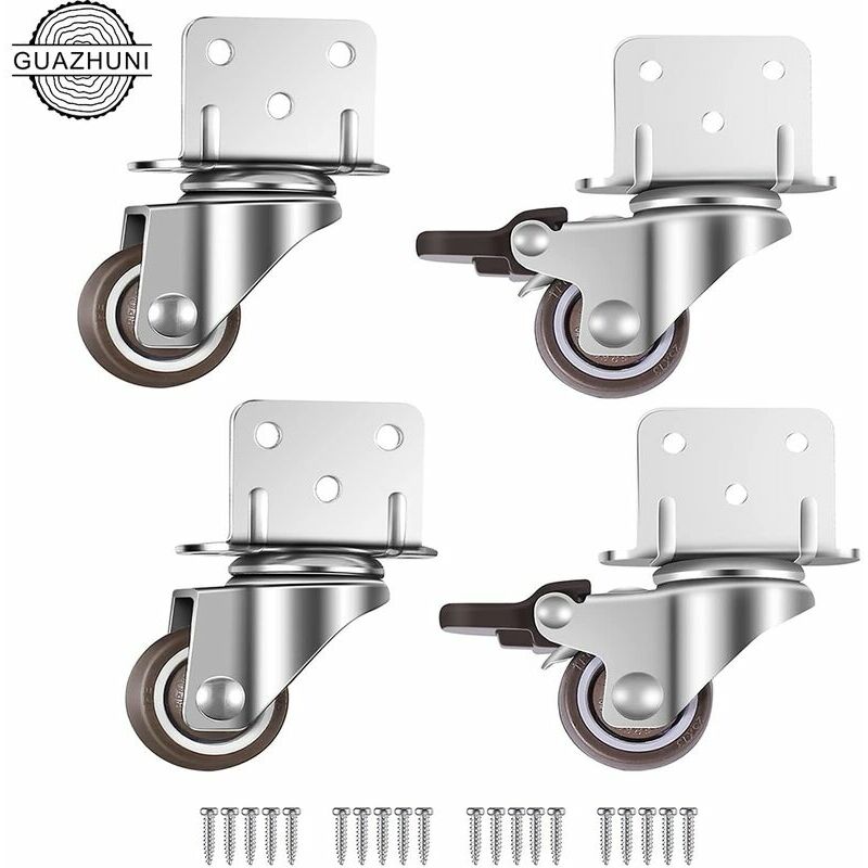 Lot de 4 roulettes pivotantes de 25 mm avec frein pour meubles et pots de fleurs, plaque de montage en L RTGPT
