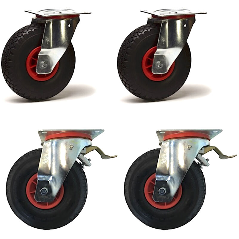 2gt Roues Et Roulettes - Lot de 4 roulettes pivotantes et freins pneu gonflable 3.00-4 - 405 Kg