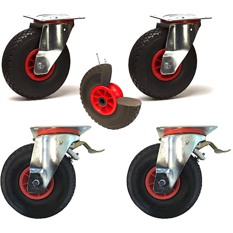 Lot de 4 roulettes pivotantes et freins pneumatique increvable - 225 Kg