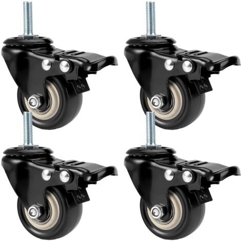 Lot de 4 roulettes pivotantes M8 x 25 mm, avec frein, antidérapantes, noires, intérieur/extérieur