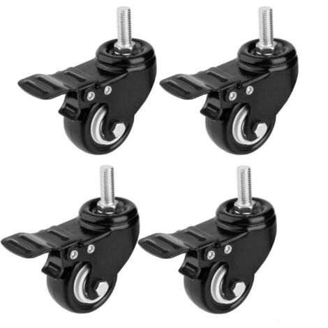 Lot de 4 roulettes pivotantes noires de 5 cm avec frein, en caoutchouc robuste pour chariot, établi et meubles (tige filetée M10 x 25)