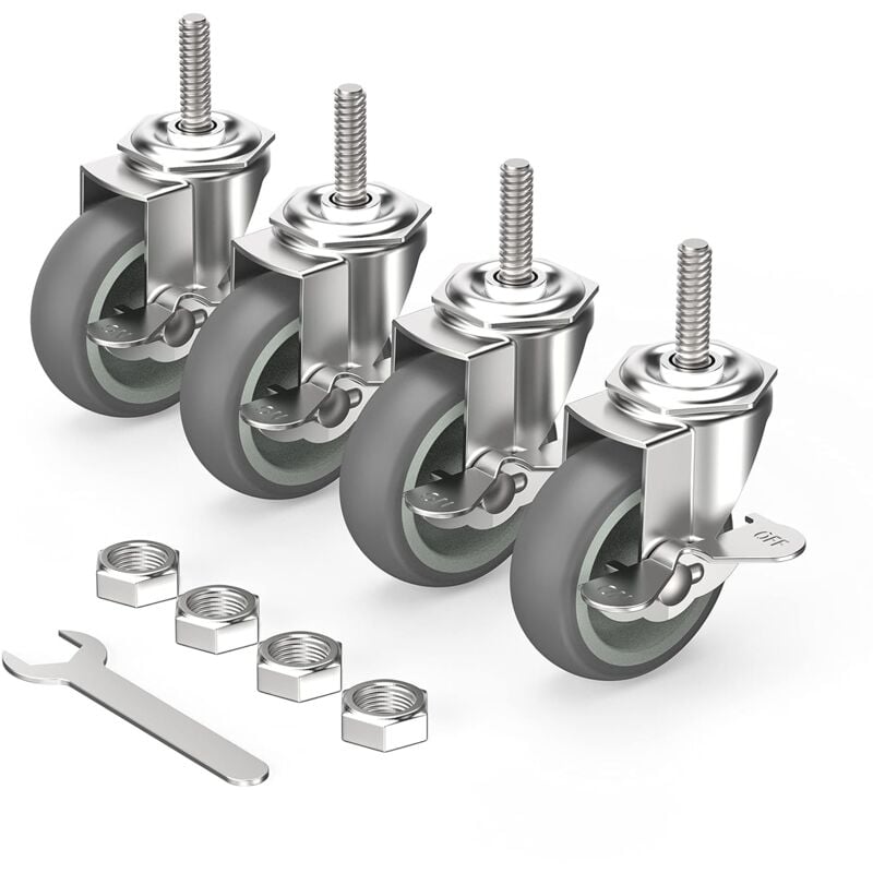 Lot de 4 Roulettes Pivotantes Pour Meubles à Tige Filetée avec freins - 75MM Jusqu'à 120KG 10 x 1,5 x 30 MM