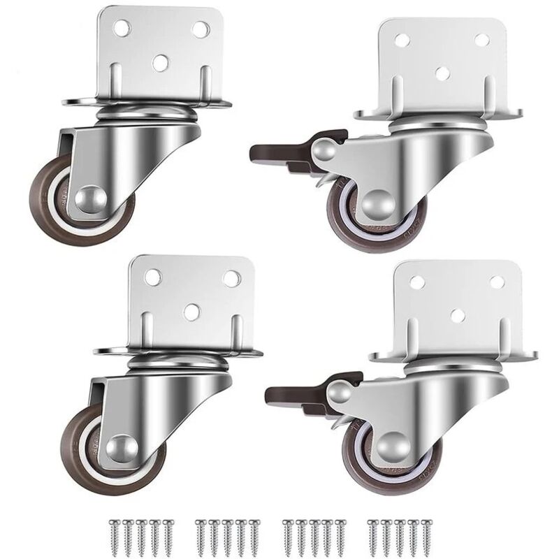 Lot de 4 roulettes pivotantes pour meubles et pots de fleurs avec frein - plaque de montage en L, 25 mm