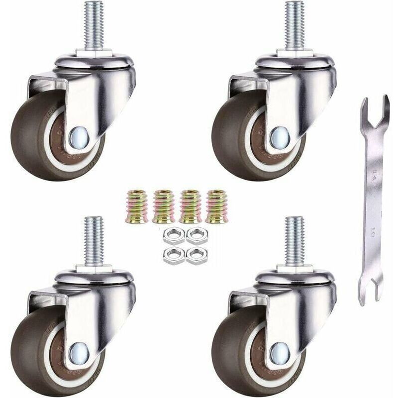 Lot De 4 Roulettes Pivotantes Pour Meubles - M6 X 15 Mm - Avec Filetage De 25 Mm - Caoutchouc Souple - Filetage Tpe - Mini Roulettes De Meubles (25