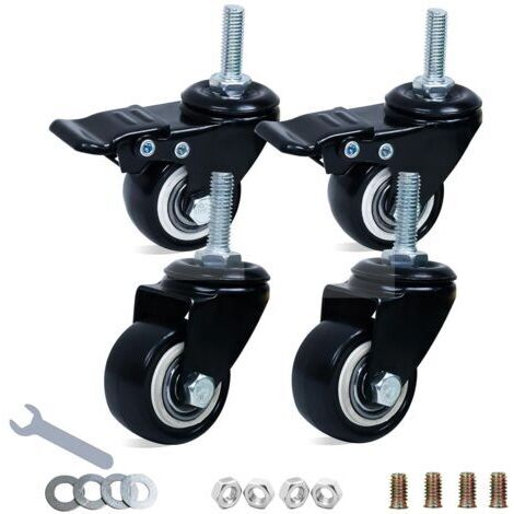 Lot de 4 roulettes pour meubles pour charges lourdes de 40 mm (2 avec frein), roulettes pivotantes avec vis, roulettes de transport en polyuréthane (PU) sans bruit avec revêtement en