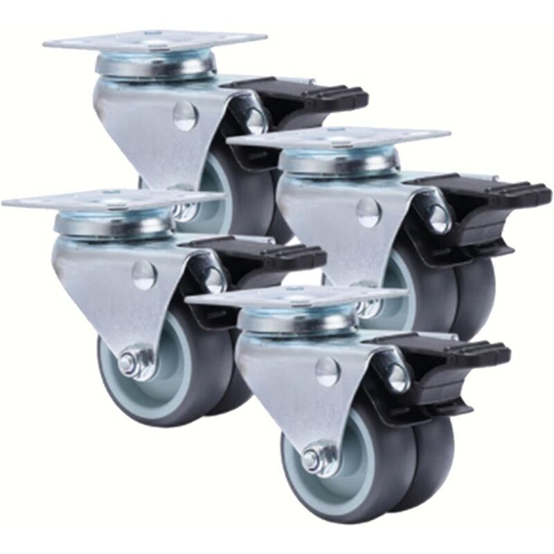 Ikodm - Lot de 4 roulettes universelles de 5 cm pour meubles, roulettes pivotantes robustes en caoutchouc souple avec frein pour chariot à plateforme