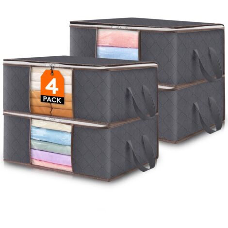 Lot de 4 Sac de Rangement Vetement 35L, Boîte de Rangement Sous lit Pliable, Housse Rangement Couette Organisateur de Placard, Fenêtre Transparente en Tissu Solide pour les Vêtements, Gris