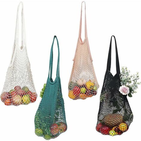 Lot de 4 - Sac Filet Courses en Coton avec Poignée - Filet a Provision Portable, Réutilisable et Lavable - Fruits, Légumes, Provisions et Jouets de Plages, Superma