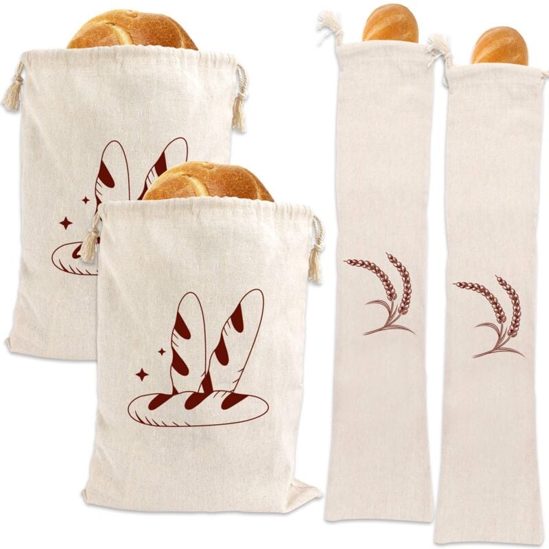 Lot de 4 sacs à pain en lin pour pain maison, non blanchis, réutilisables, sacs à baguette de boulangerie
