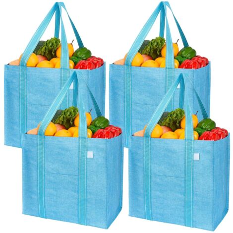 Lot de 4 sacs à provisions bleus réutilisables, fond renforcé.