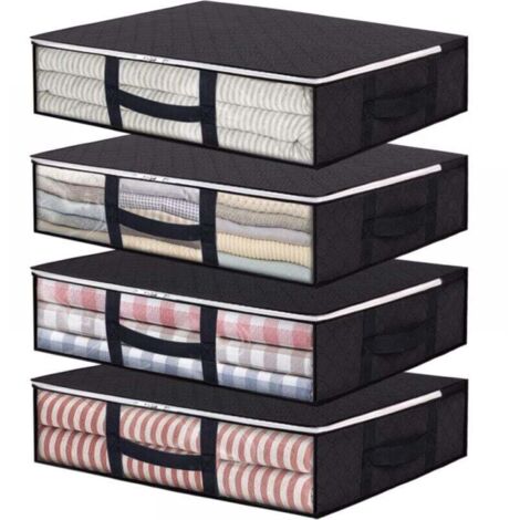 Lot de 4 sacs de rangement pliables de 40 l avec fenêtre transparente et poignées renforcées, organiseur à fermeture éclair pour couettes, couvertures, literie, noir