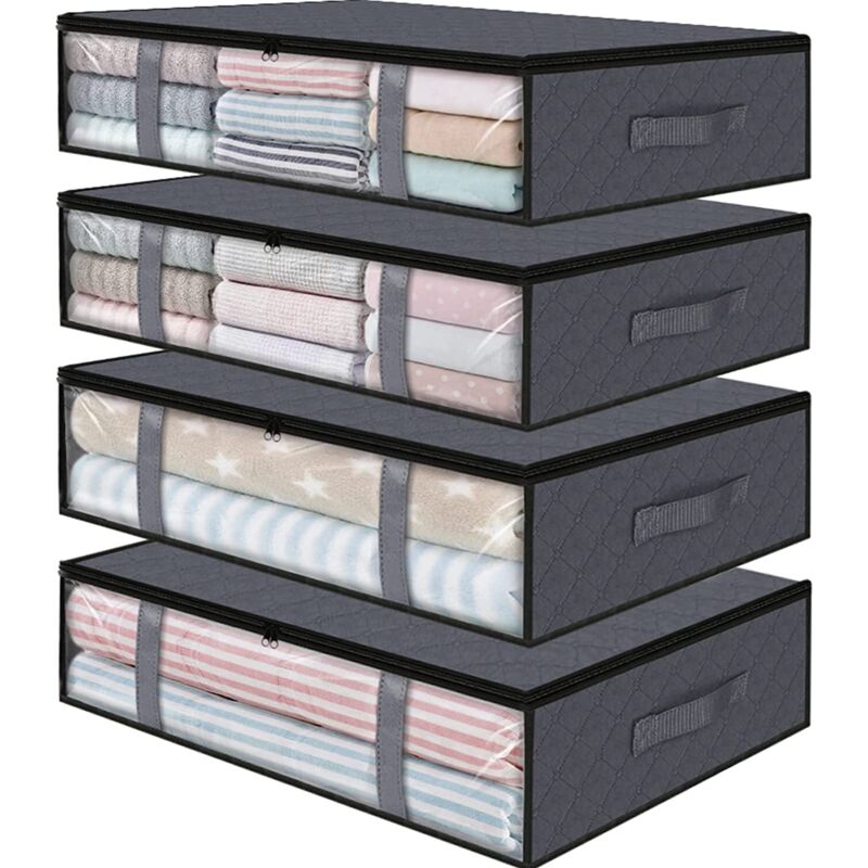 Lot de 4 sacs de rangement pour vêtements sous le lit, bacs de rangement pliables avec fenêtres transparentes et poignées renforcées, gris