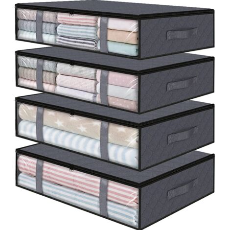 Lot de 4 sacs de rangement pour vêtements sous le lit, bacs de rangement pliables avec fenêtres transparentes et poignées renforcées, gris