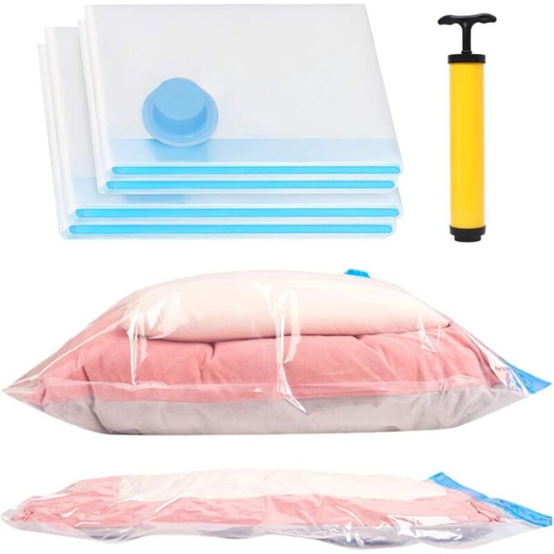 Lot de 4 sacs de rangement sous vide (2 jumbo 100x80cm, 2 grands 80x60cm), sac étanche pour les couettes, oreillers, vêtements avec pompe à main de