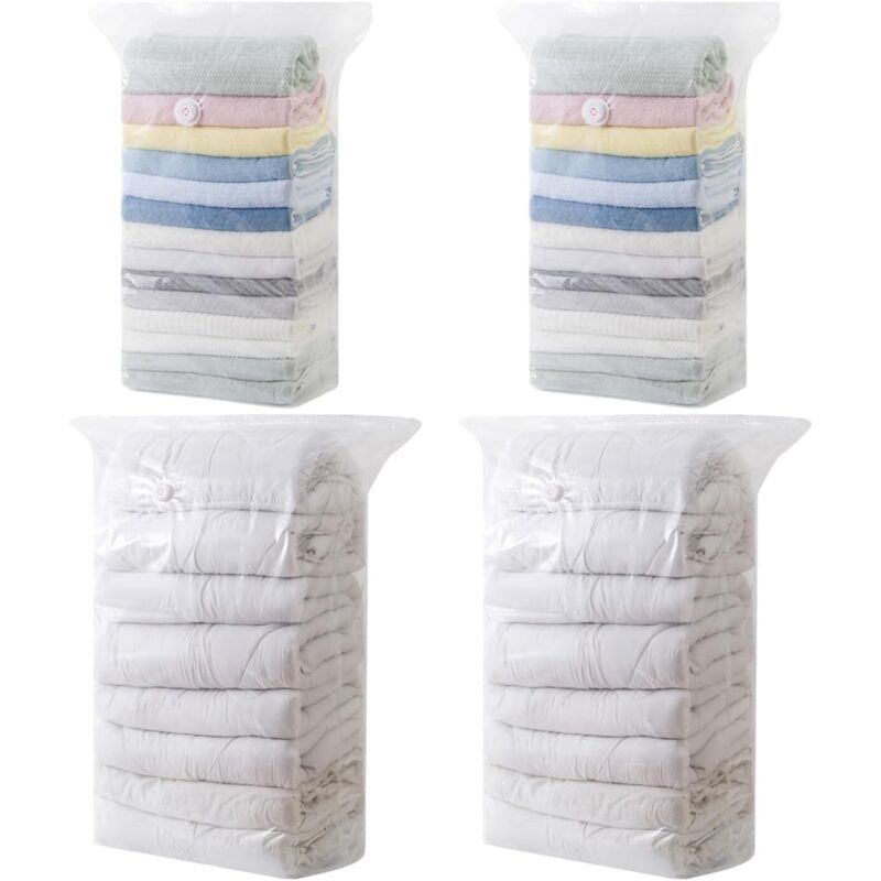 Lot de 4 Sacs de Rangement Sous Vide – 2 Sacs pour Vêtements (60 x 80 x 32 cm) + 2 Sacs Extra Larges pour Couettes (80 x 100 x 32 cm), pour Linge de
