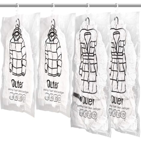 Lot de 4 sacs de rangement sous vide réutilisables à suspendre avec crochets. 2 pièces de 67 x 90 cm et 2 sacs de 67 x 110 cm. Fonctionne avec n'importe quel aspirateur.