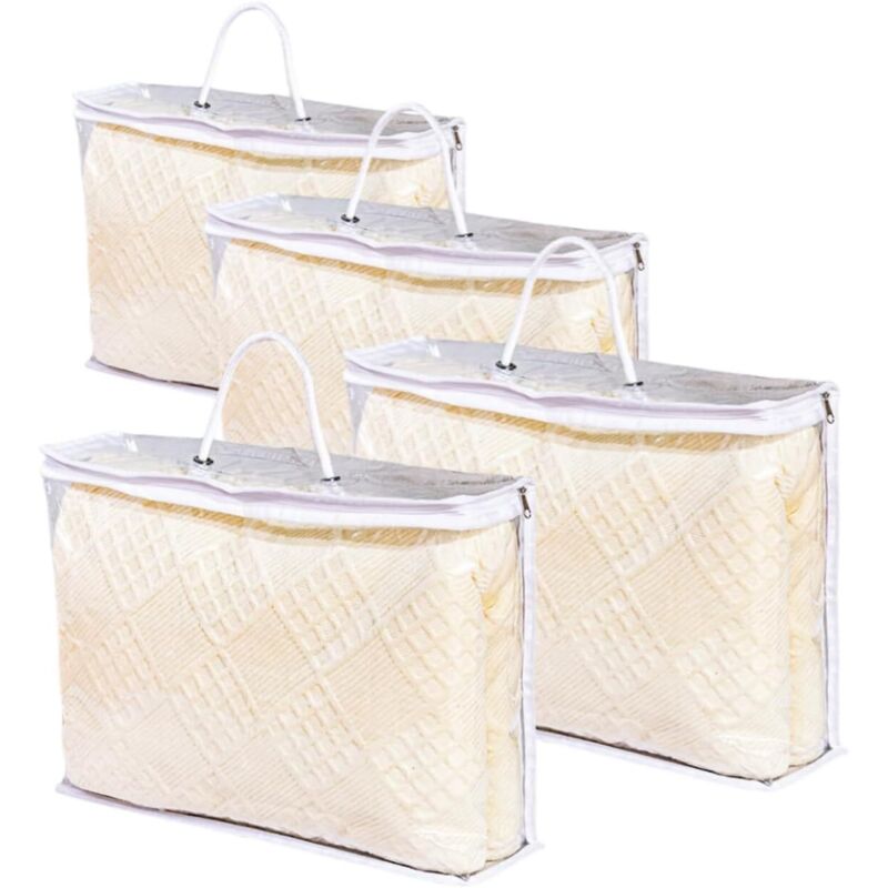 Lot de 4 sacs de rangement transparents à fermeture éclair avec poignée renforcée pour vêtements, couvertures, couettes